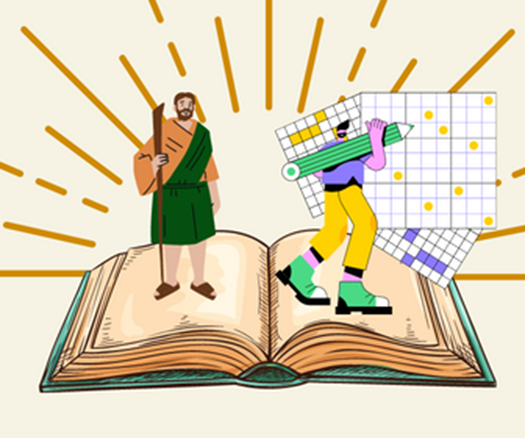 An image depicting man above the scripture solving crossword with answers.