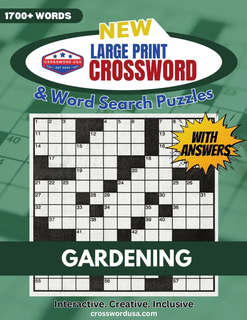 Gardening-themed crossword puzzle book swith large-print puzzles.